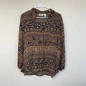 Chico's Design Womens Tribal Print Rayon Button-up Shirt Blouse Brown Sz 2/Large